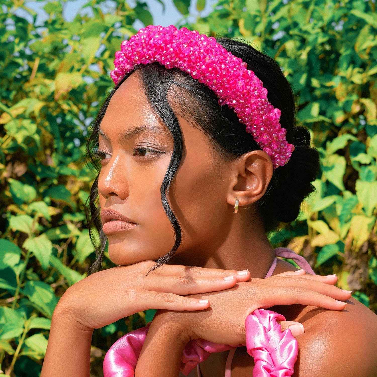CROWN Glass Crystal Beads Headband In Shocking Pink