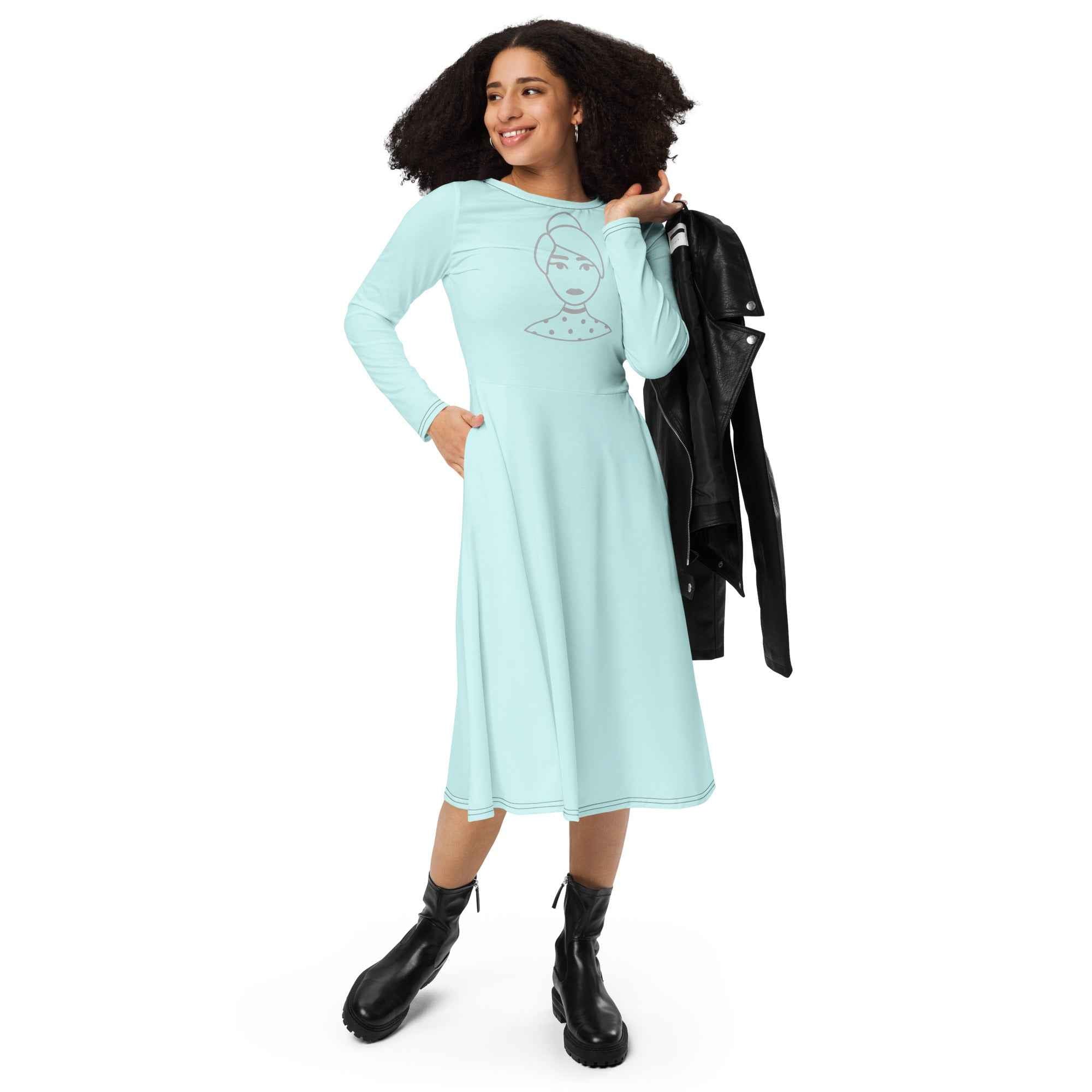 All-over print long sleeve midi dress