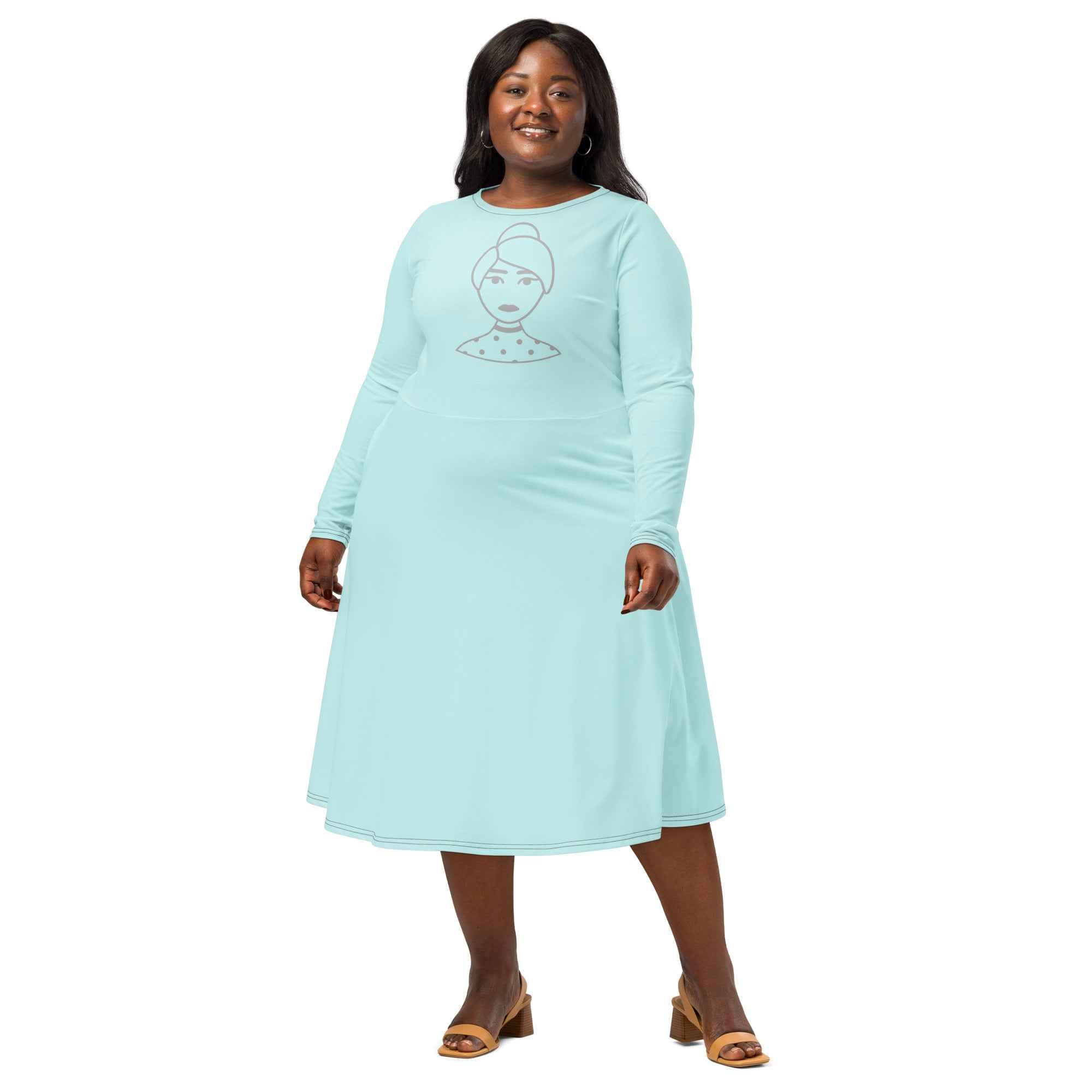 All-over print long sleeve midi dress
