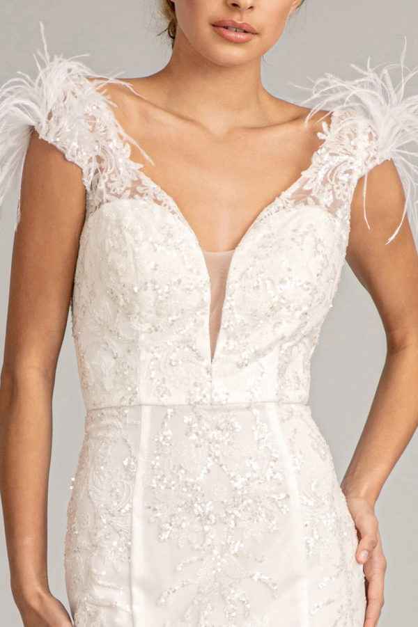 Feather Accented V-neckline Embellished Mesh Dress